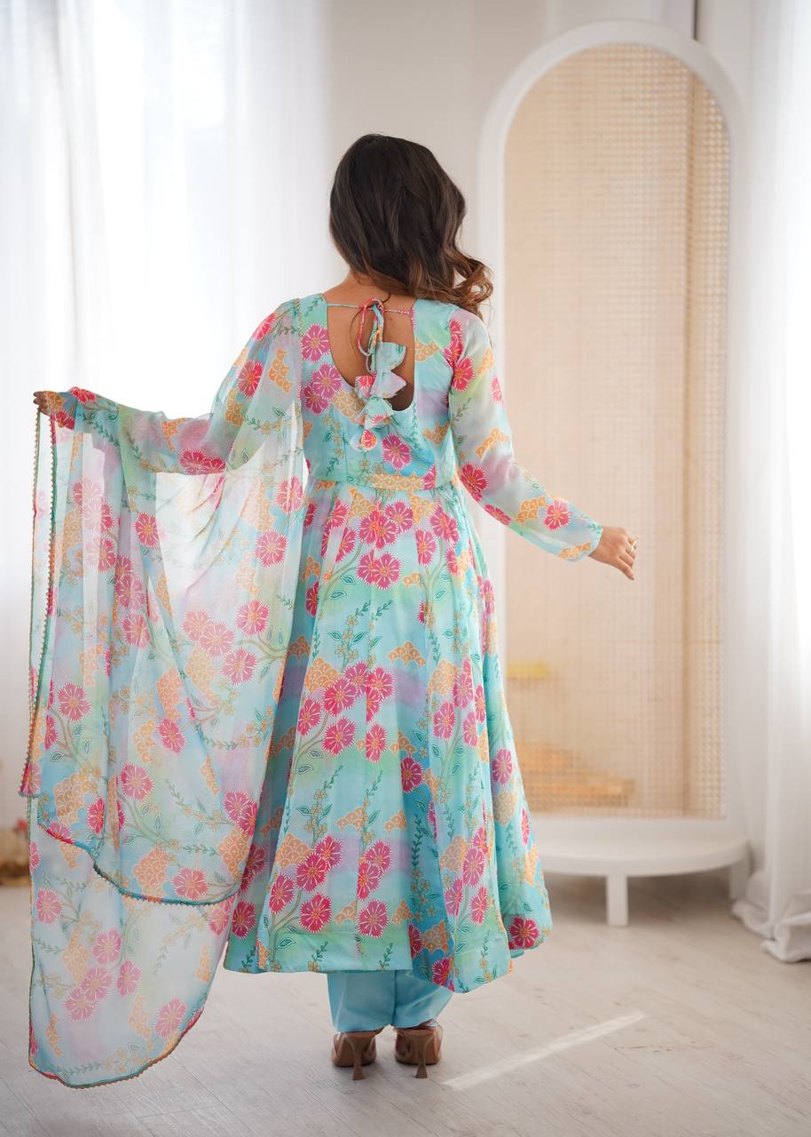 Eloriya Premium Sky Blue Floral Organza Anarkali Suit Set - XL [42] | Eloriya India