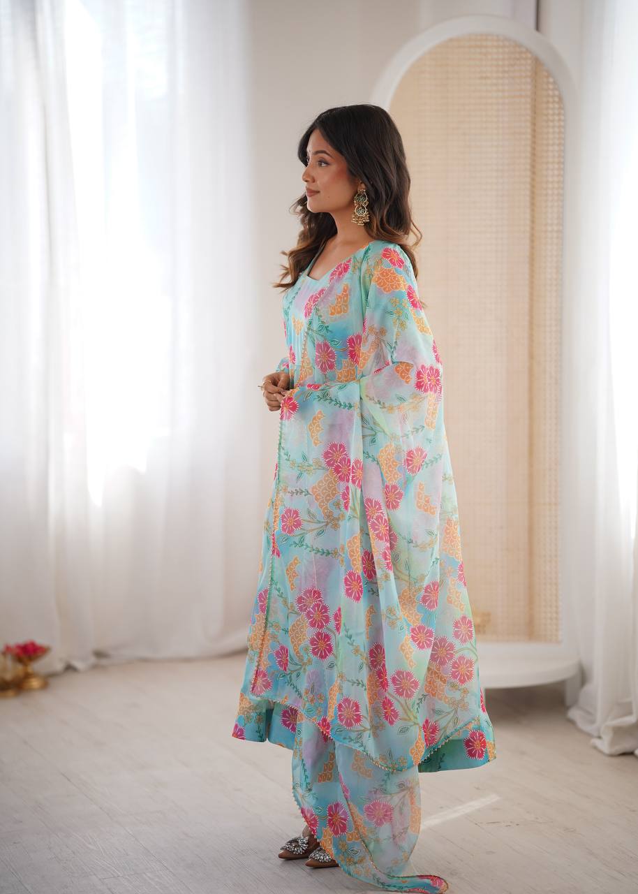Eloriya Premium Sky Blue Floral Organza Anarkali Suit Set - 2XL [44] | Eloriya India