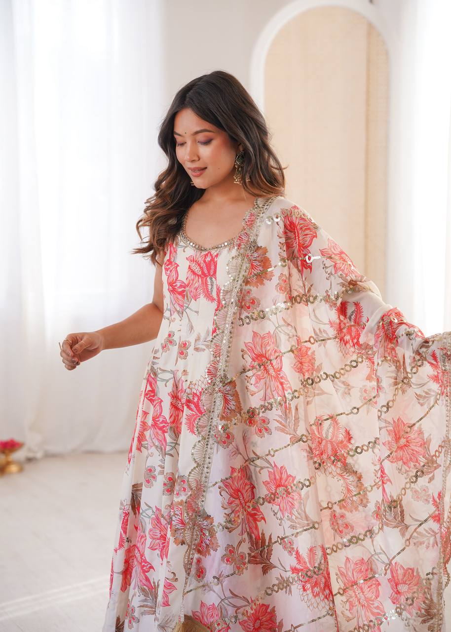 Eloriya Hemaxi's Floral Print Straight Kali Cut Anarkali Suit - Pink | Eloriya India