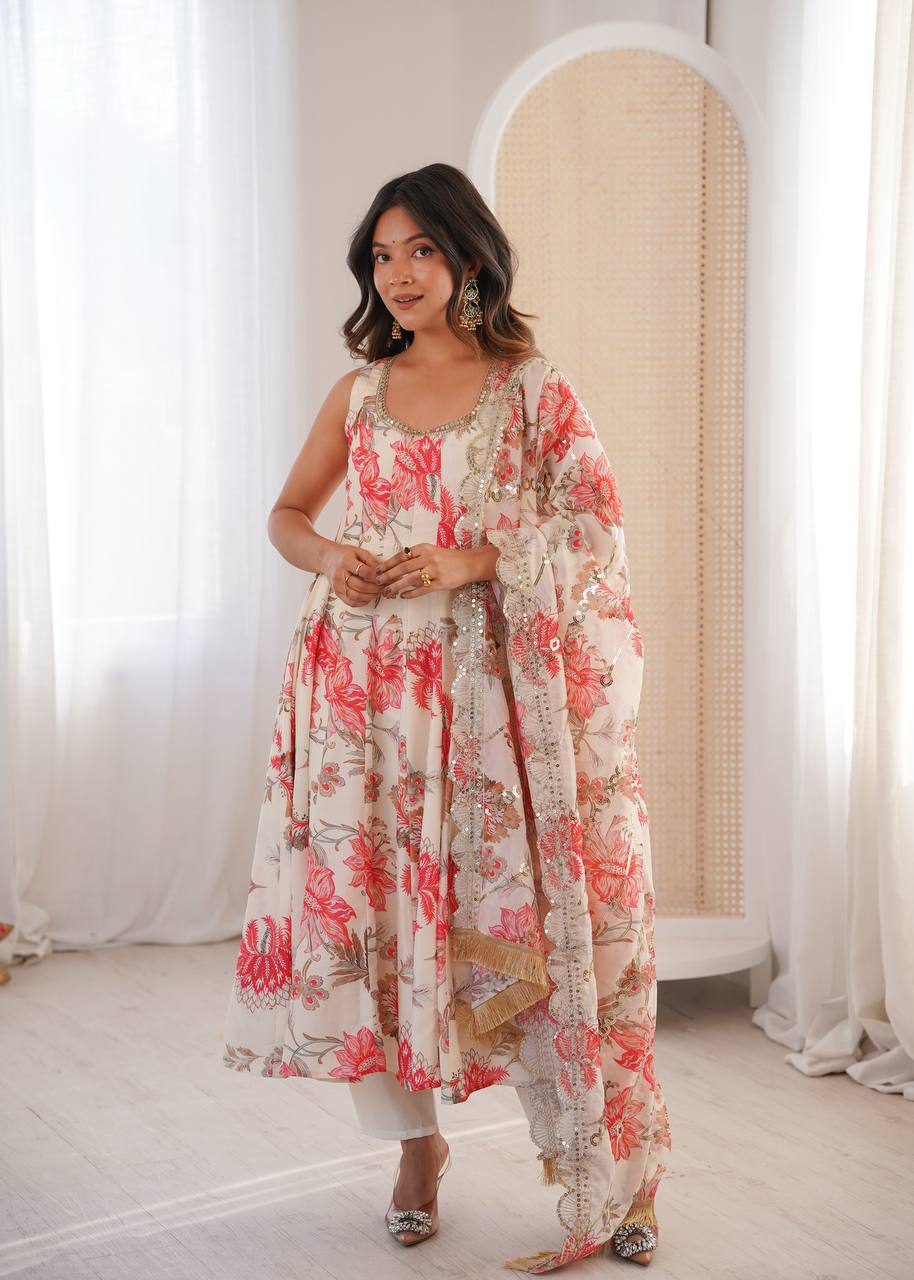 Eloriya Hemaxi's Floral Print Straight Kali Cut Anarkali Suit - Beige | Eloriya India