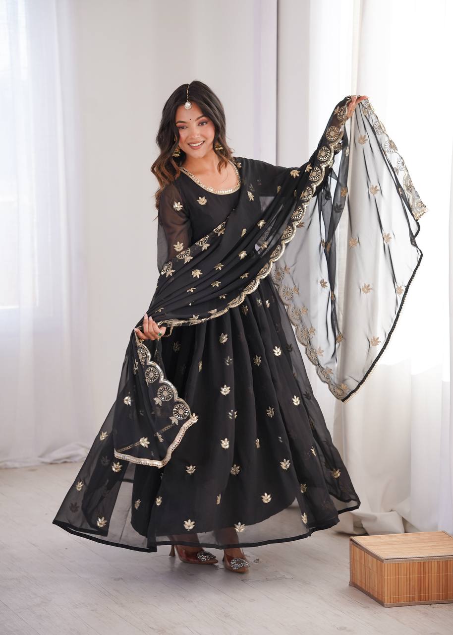 Eloriya Premium Black Sequin Embroidered Georgette Gown Set - S [36] | Eloriya India
