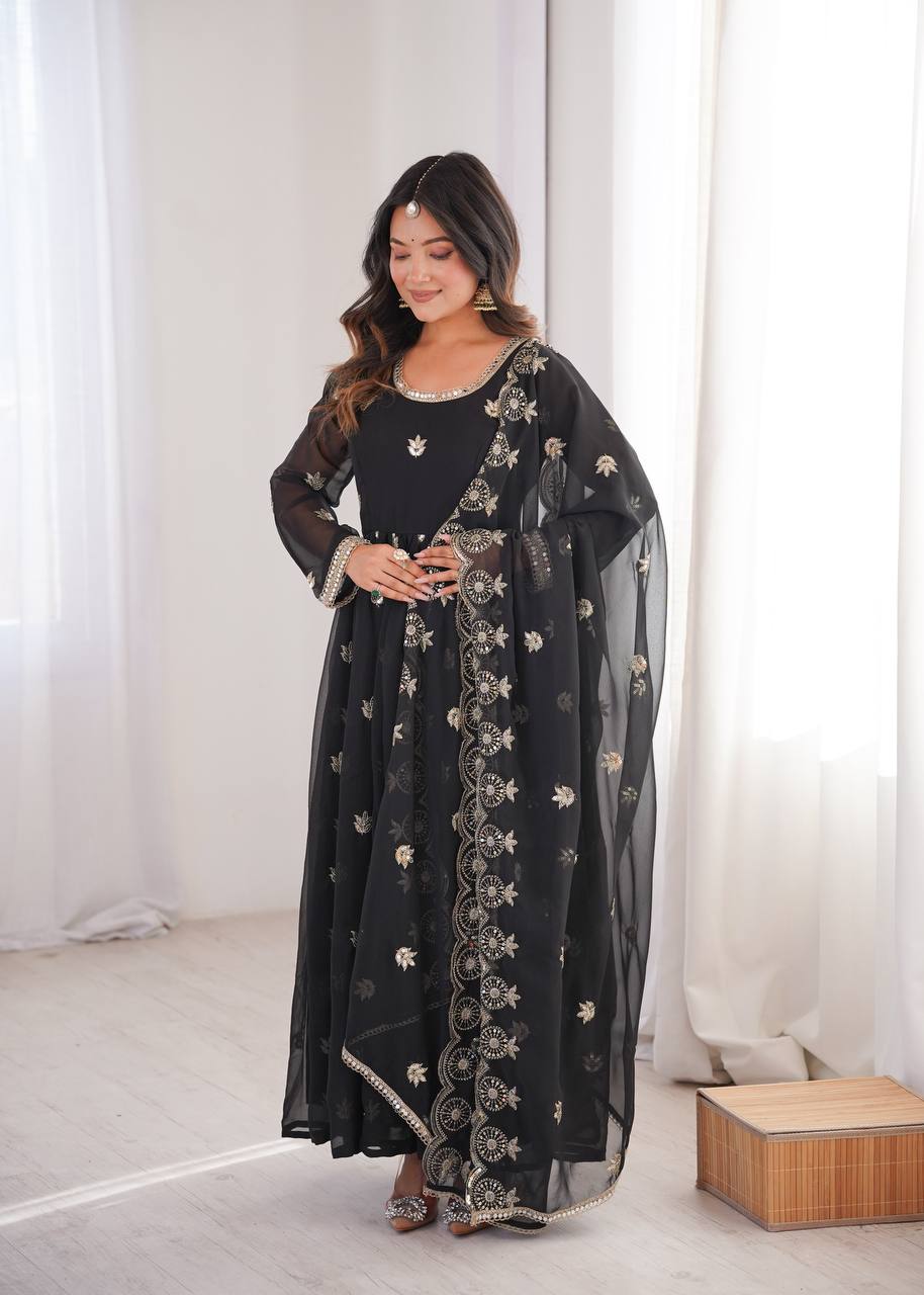Eloriya Premium Black Sequin Embroidered Georgette Gown Set - L [40] | Eloriya India