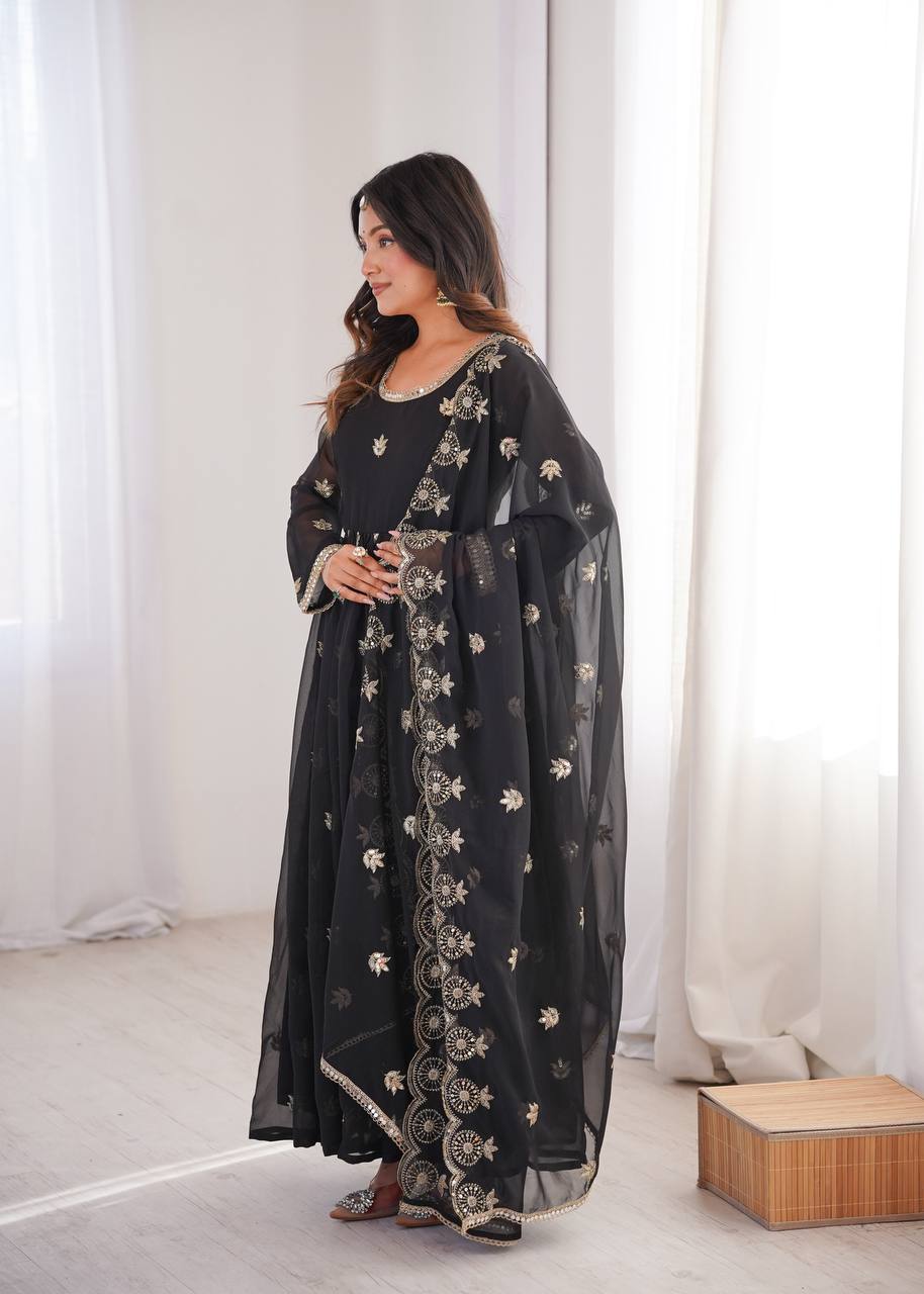 Eloriya Premium Black Sequin Embroidered Georgette Gown Set | Eloriya India