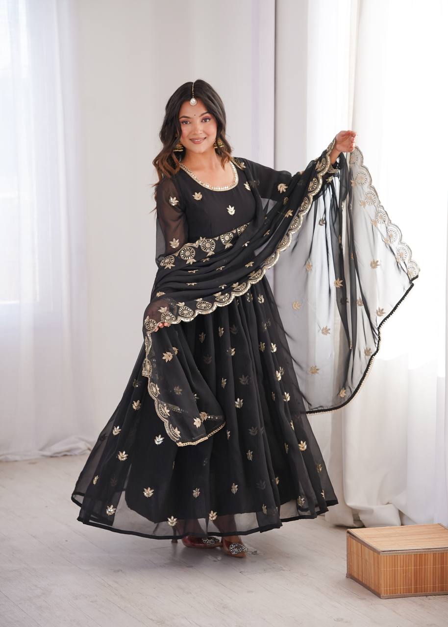 Eloriya Premium Black Sequin Embroidered Georgette Gown Set | Eloriya India