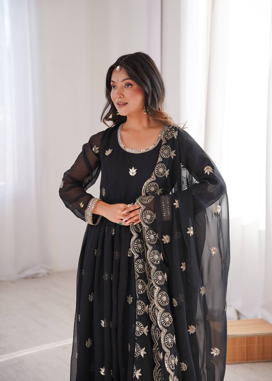 Eloriya Premium Black Sequin Embroidered Georgette Gown Set | Eloriya India