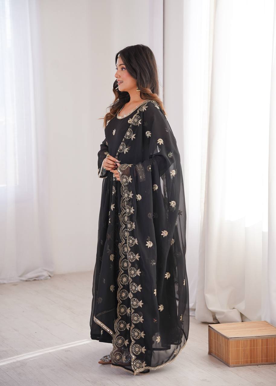 Eloriya Premium Black Sequin Embroidered Georgette Gown Set - XL [42] | Eloriya India