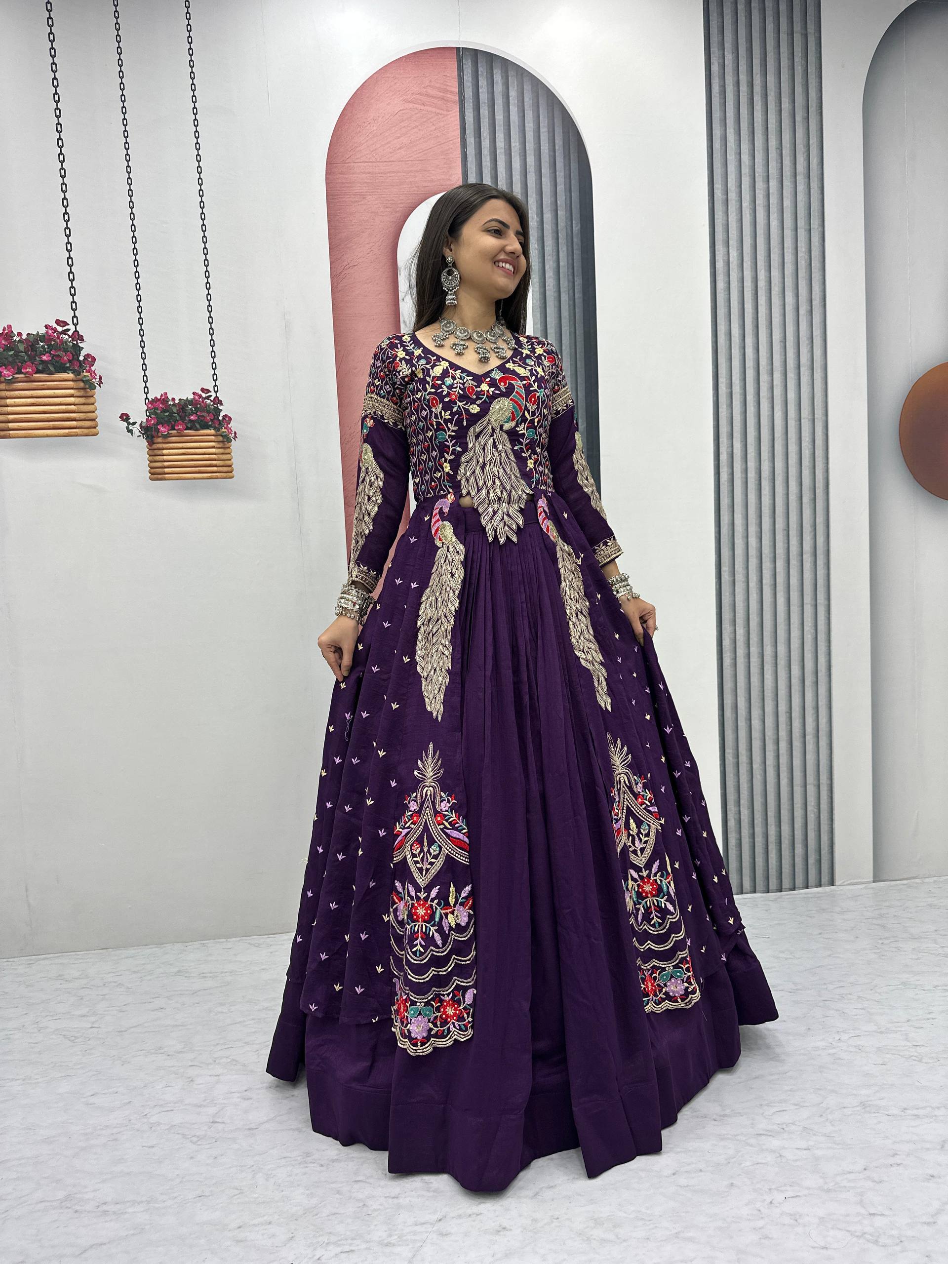 Eloriya Premium Quality Heavy Traditional Crop Top With Shrug With Color - Royal Purple | Eloriya India