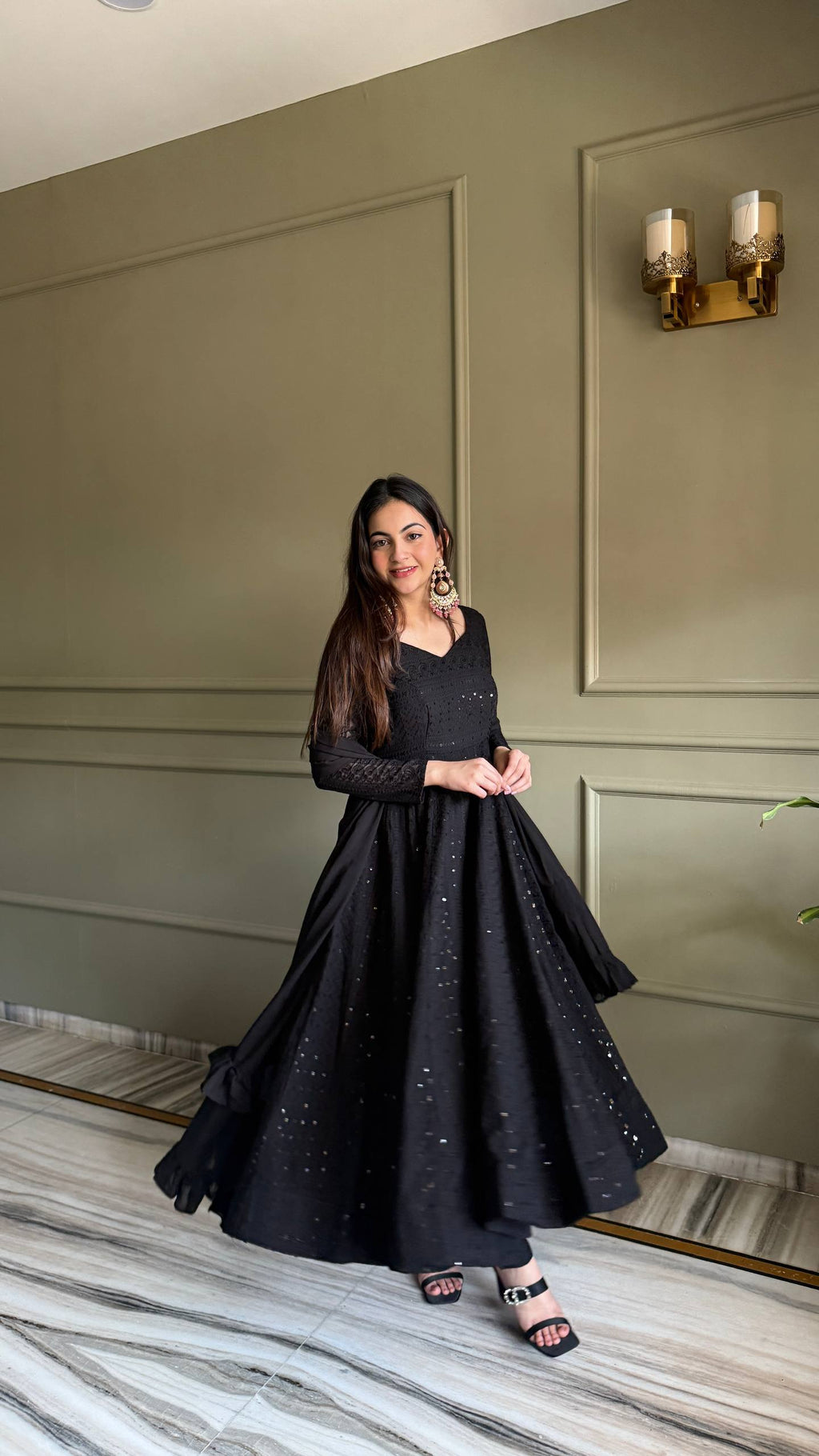 Eloriya Black Luxe Lucknowi Sequins Anarkali Suit Set - L [40] | Eloriya India