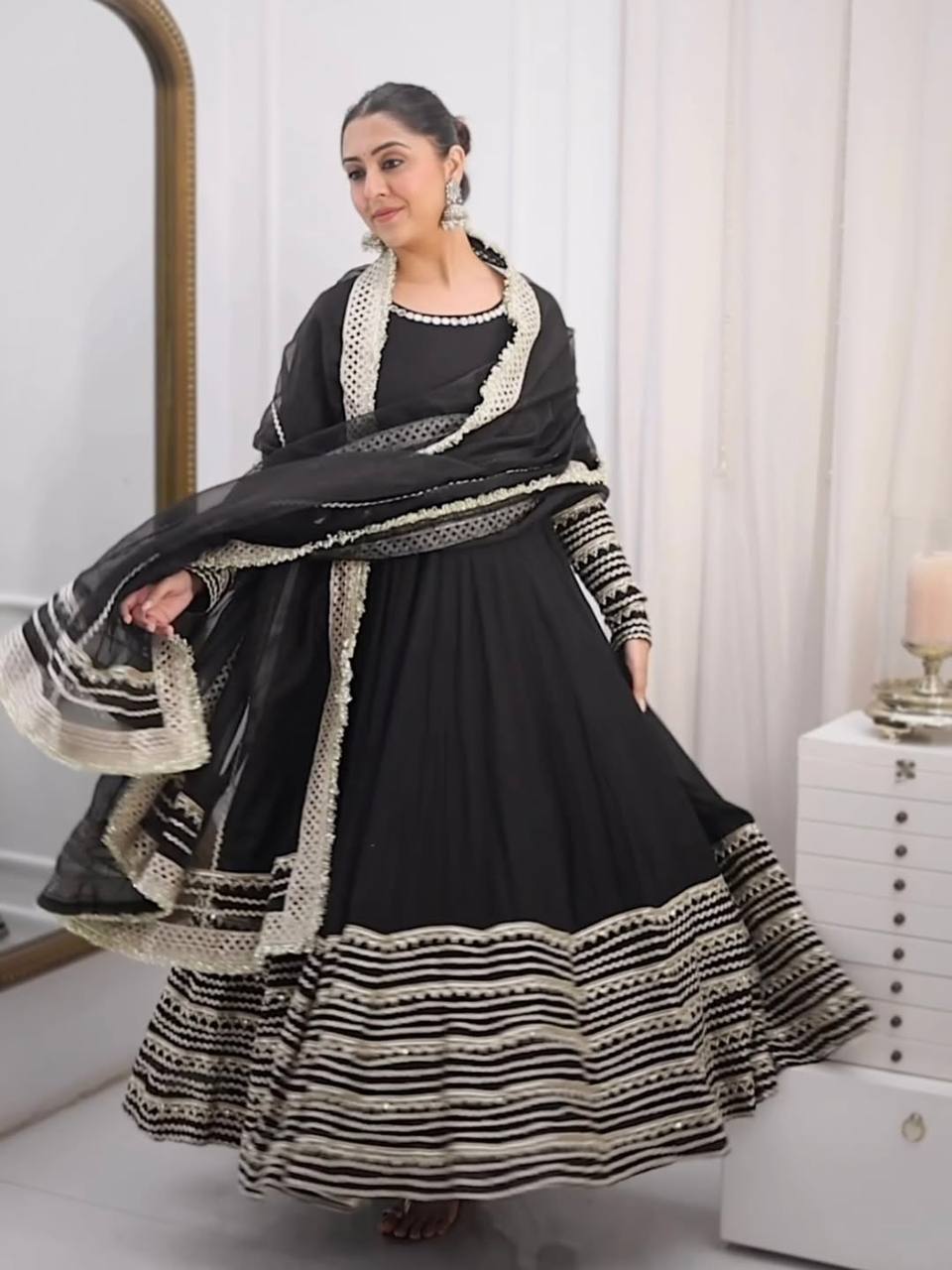 Eloriya Nusrat Noor Black Color Embroidered Work Anarkali Suit Set - XS [34] | Eloriya India