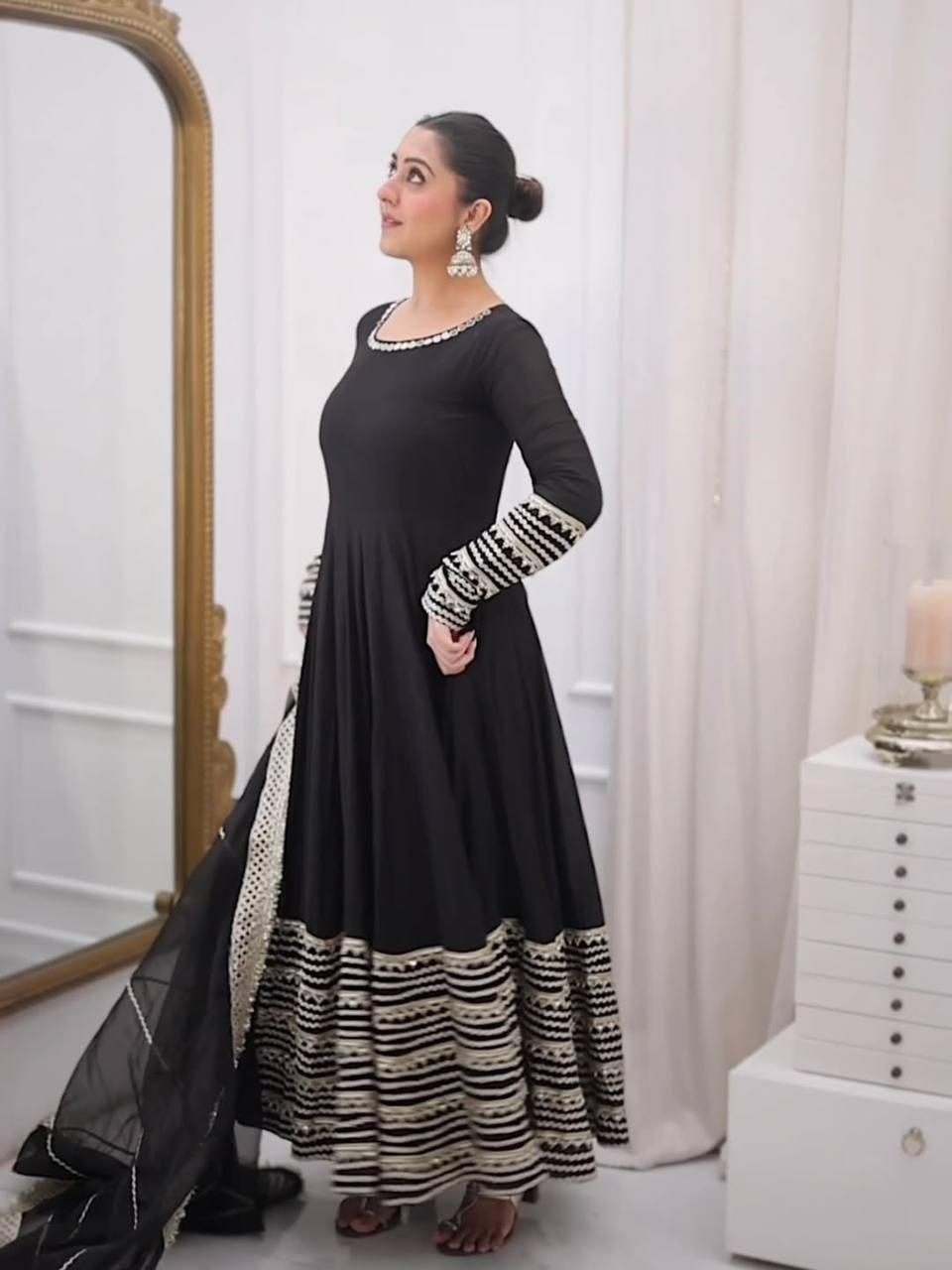 Eloriya Nusrat Noor Black Color Embroidered Work Anarkali Suit Set - 2XL [44] | Eloriya India