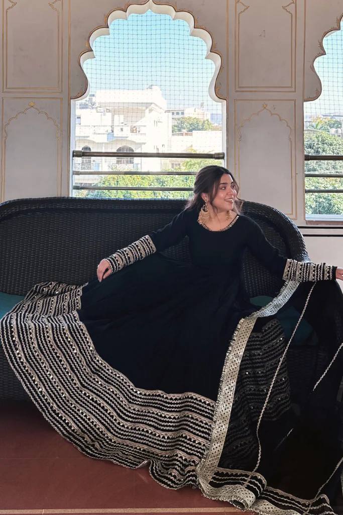 Eloriya Sanika Noor Black Color Embroidered Work Anarkali Suit Set - 2XL [44] | Eloriya India