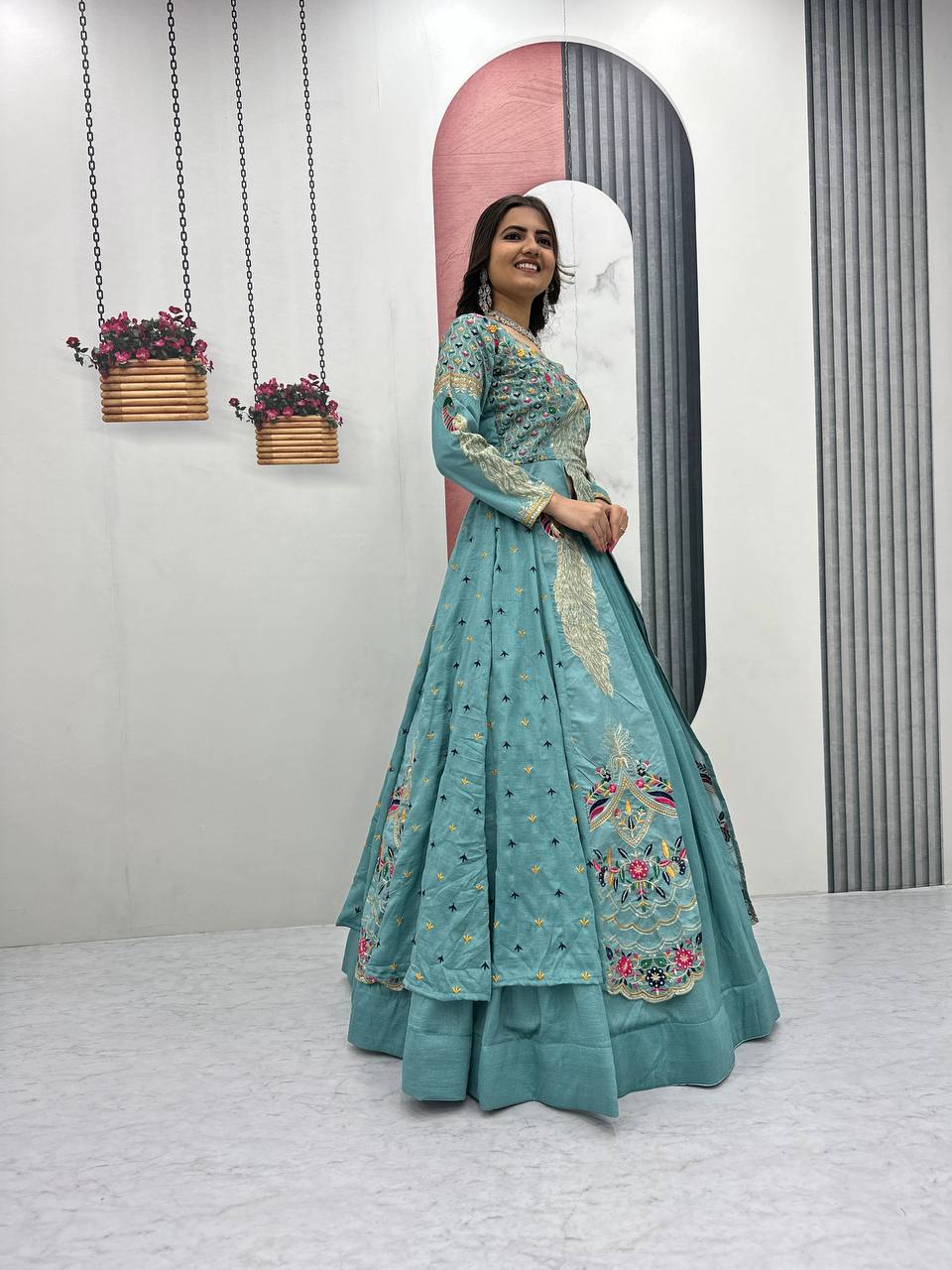 Eloriya Premium Quality Heavy Traditional Crop Top With Shrug With Color - MEHNDI GRREN | Eloriya India