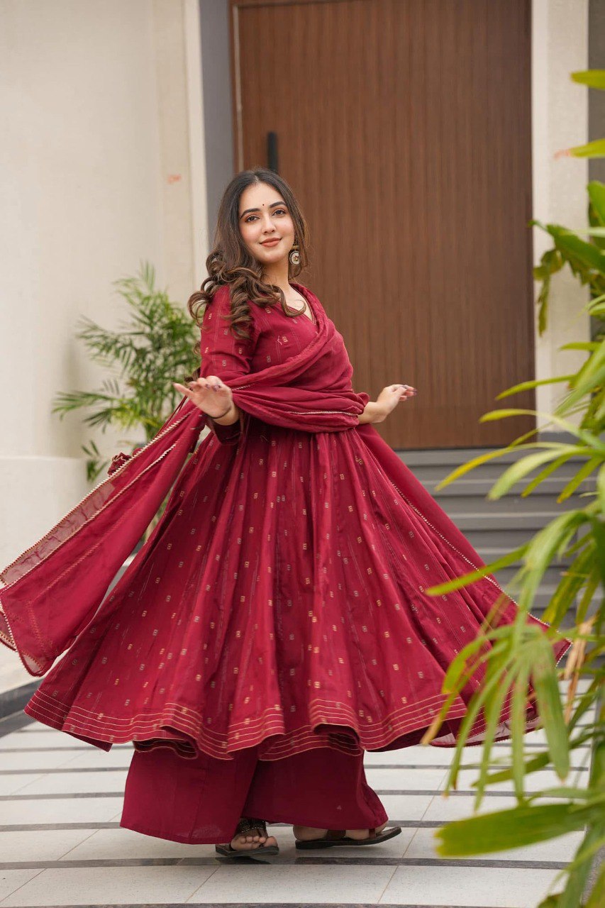 Eloriya Hirva Maroon Colour Cotton Anarkali Suit Set - XS [34] | Eloriya India