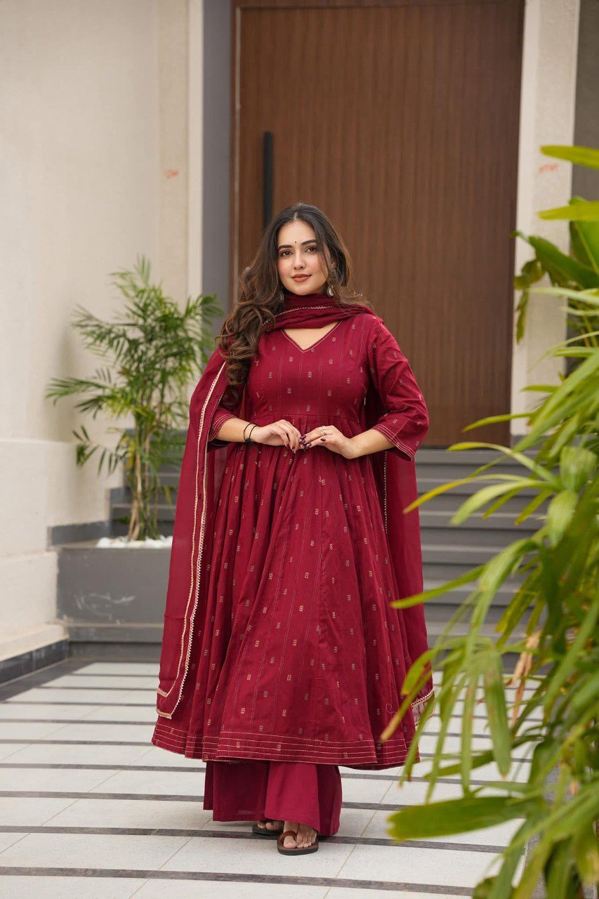 Eloriya Hirva Maroon Colour Cotton Anarkali Suit Set - S [36] | Eloriya India