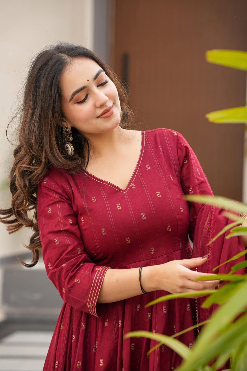 Eloriya Hirva Maroon Colour Cotton Anarkali Suit Set - XL [42] | Eloriya India