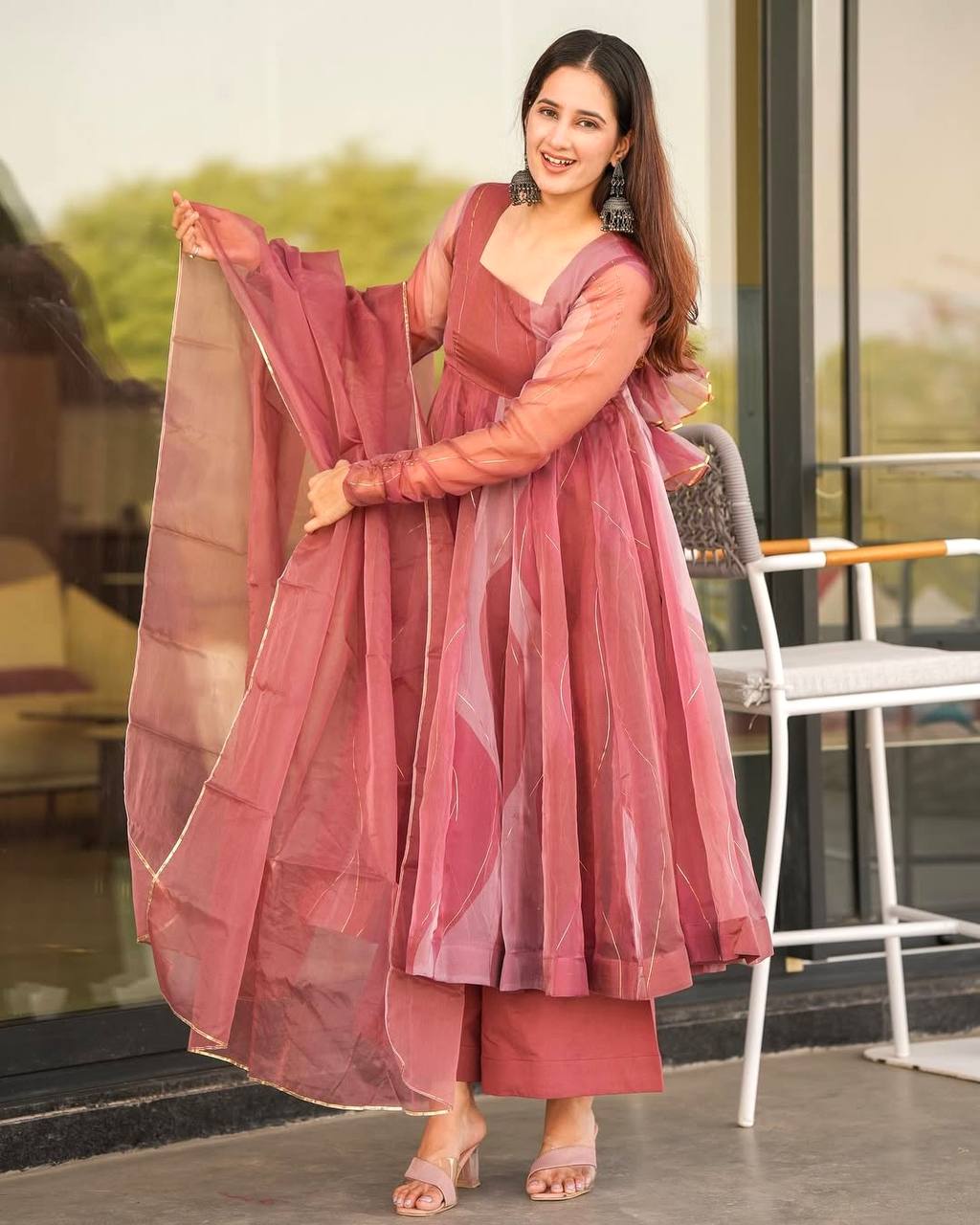 Eloriya Salmon Organza Suit Set - S [36] | Eloriya India