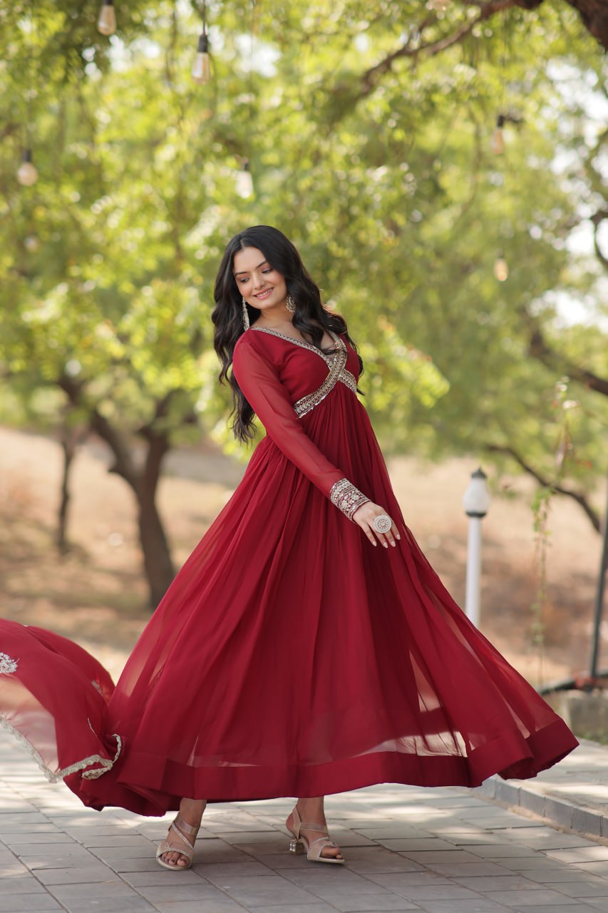 Eloriya Shiwani Premium Readymade Alia Cut Gown With Dupatta Set Ka-1107 - Red | Eloriya India