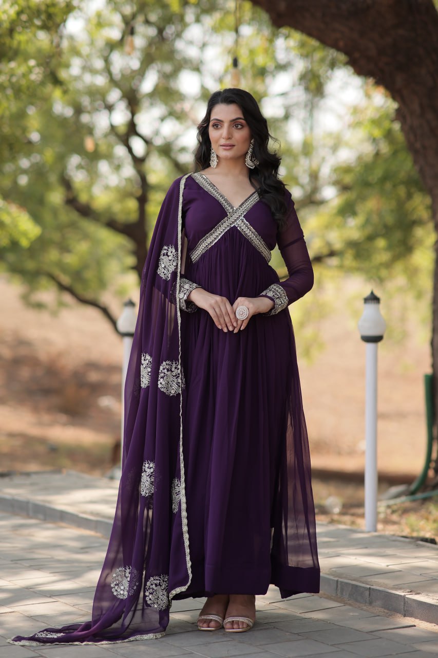 Eloriya Shiwani Premium Readymade Alia Cut Gown With Dupatta Set Ka-1107 - Royal Purple | Eloriya India