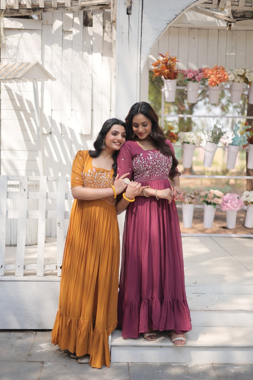 Eloriya Partywear Embroidered Work Gown Ka-1109 - yellow | Eloriya India