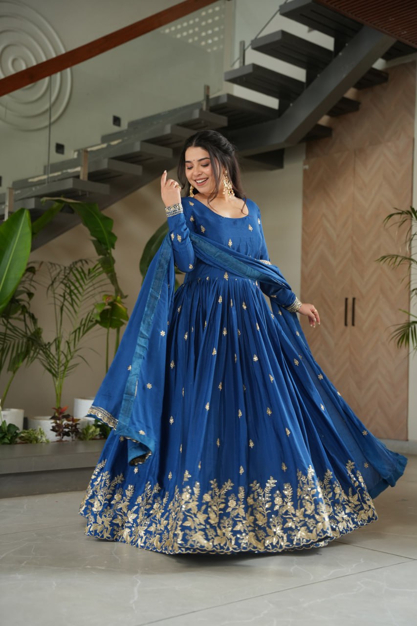 Eloriya New Designer Embroidered Zari Sequins Work Gown - Red | Eloriya India
