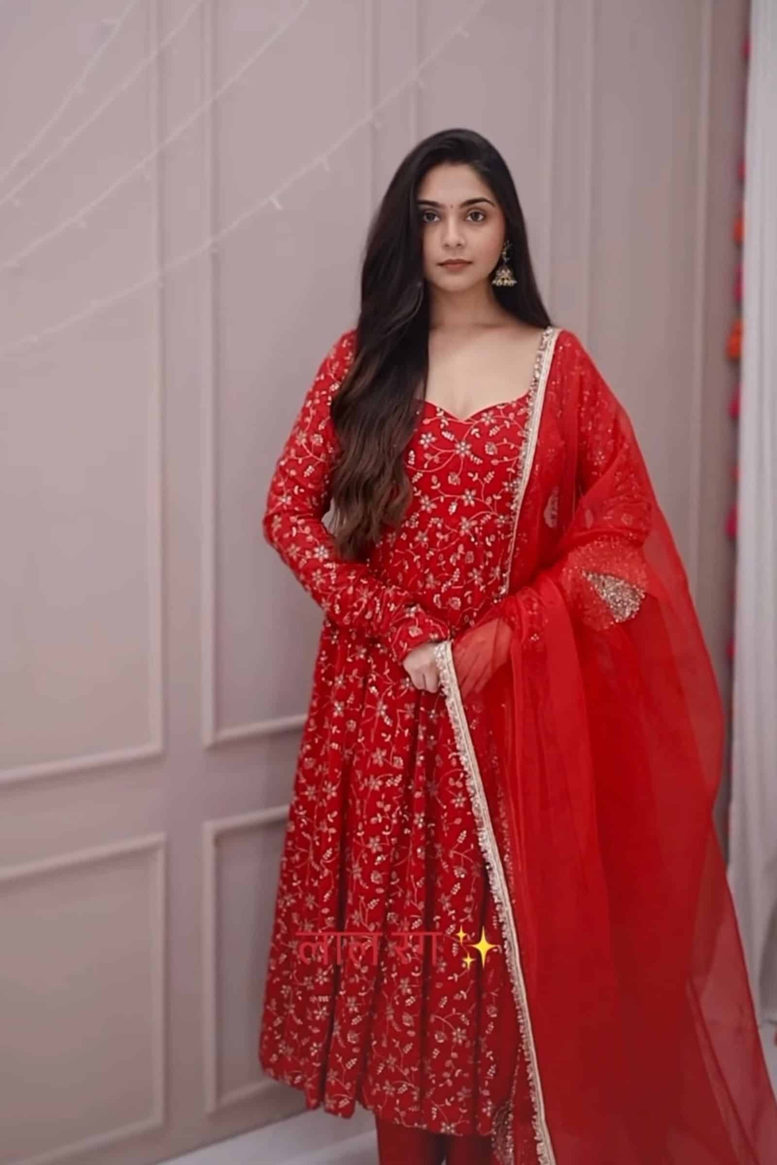 Eloriya Stunning Red Colour Premium Anarkali Suit Set - M [38] | Eloriya India