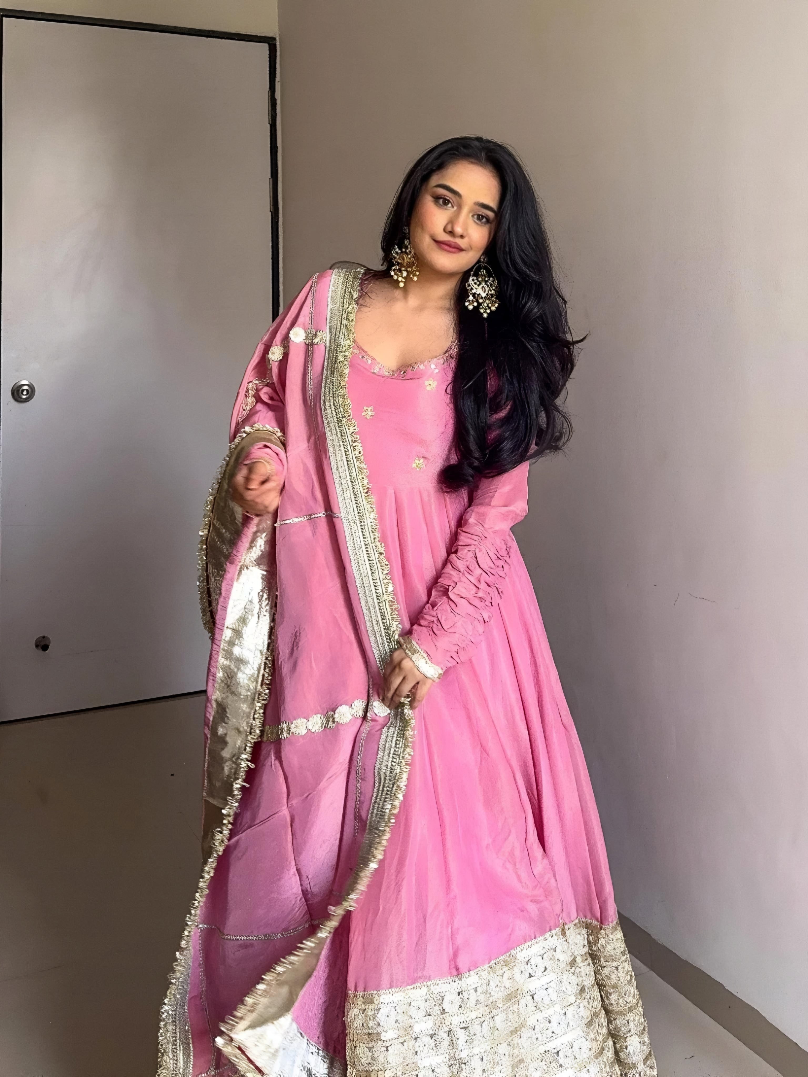 Eloriya Prisha Pink Vichitra Silk Anarkali Suit Set - M [38] | Eloriya India